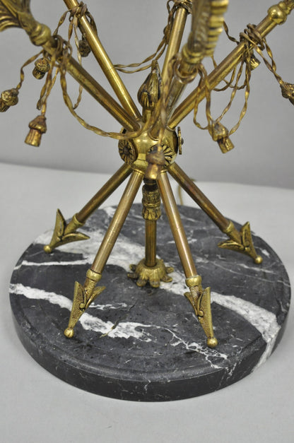 Vintage French Neoclassical Brass "Arrow" Marble Candelabra Table Lamps - a Pair