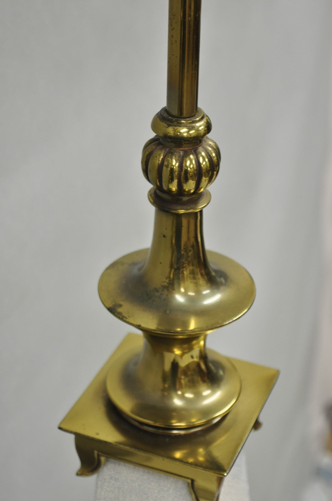 Stiffel Hollywood Regency Tall Crackle Glazed Ceramic & Brass Table Lamps a Pair