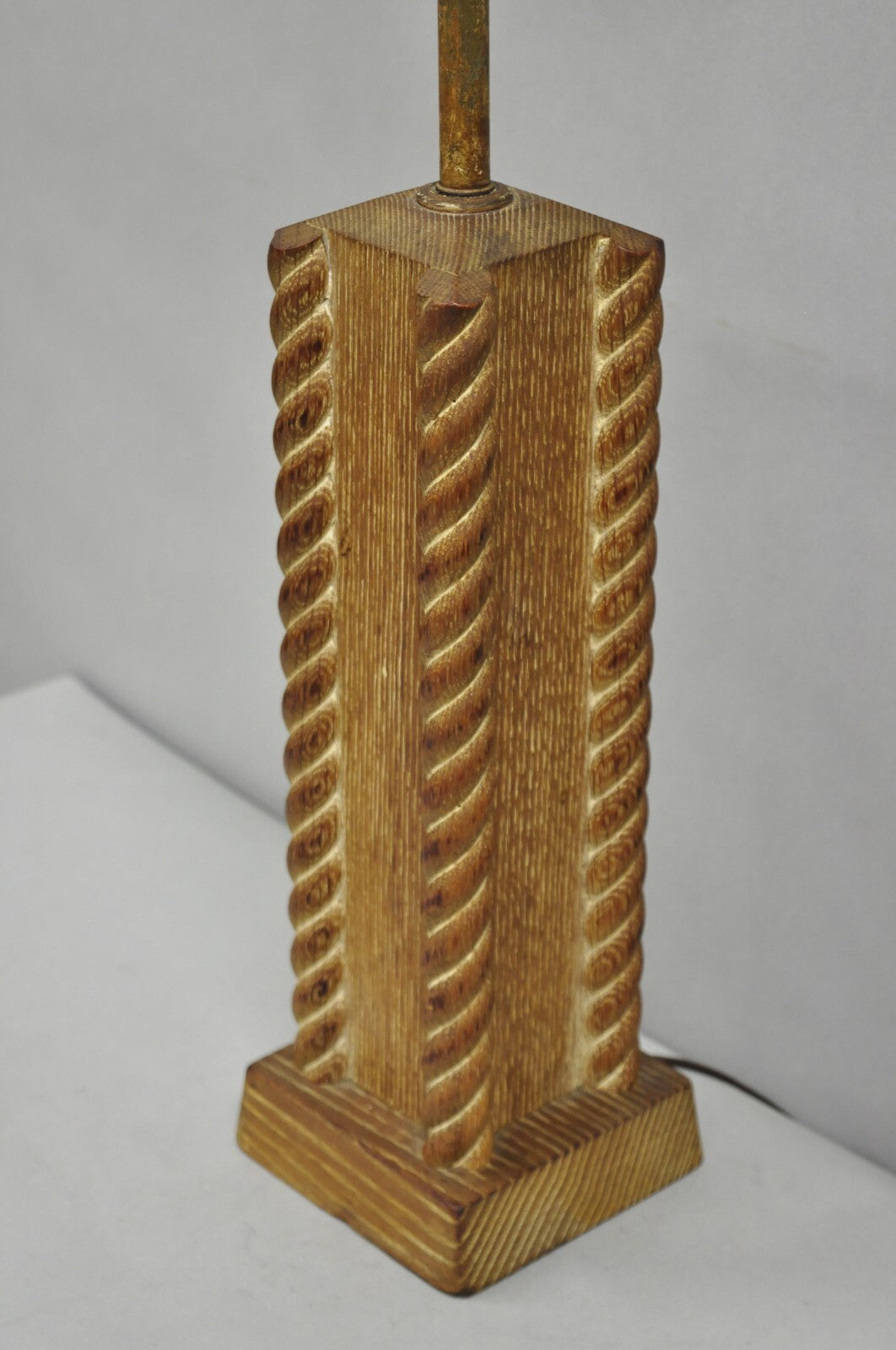 Vintage James Mont Style Mid Century Modern Cerused Oak Spiral Carved Table Lamp