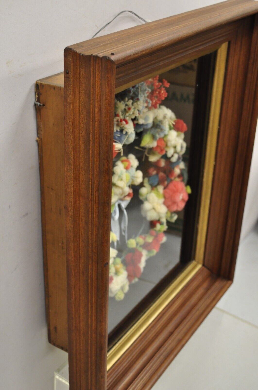 Vintage Mahogany Deep Shadow Box Frame Felt Cotton Mourning Wreath Wall Art