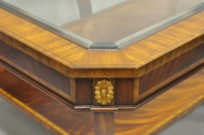 Maitland Smith Empire Style Large Banded Inlay Mahogany Glass Top Coffee Table
