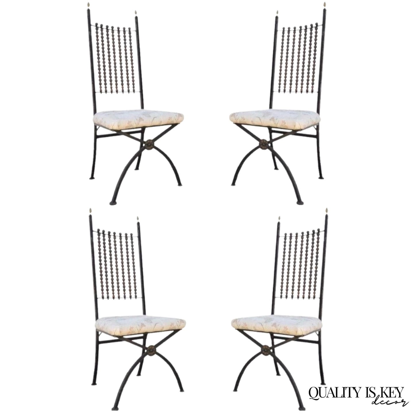 Hollywood Regency Wood Ball Abacus Wrought Iron Curule Dining Chairs - Set of 4