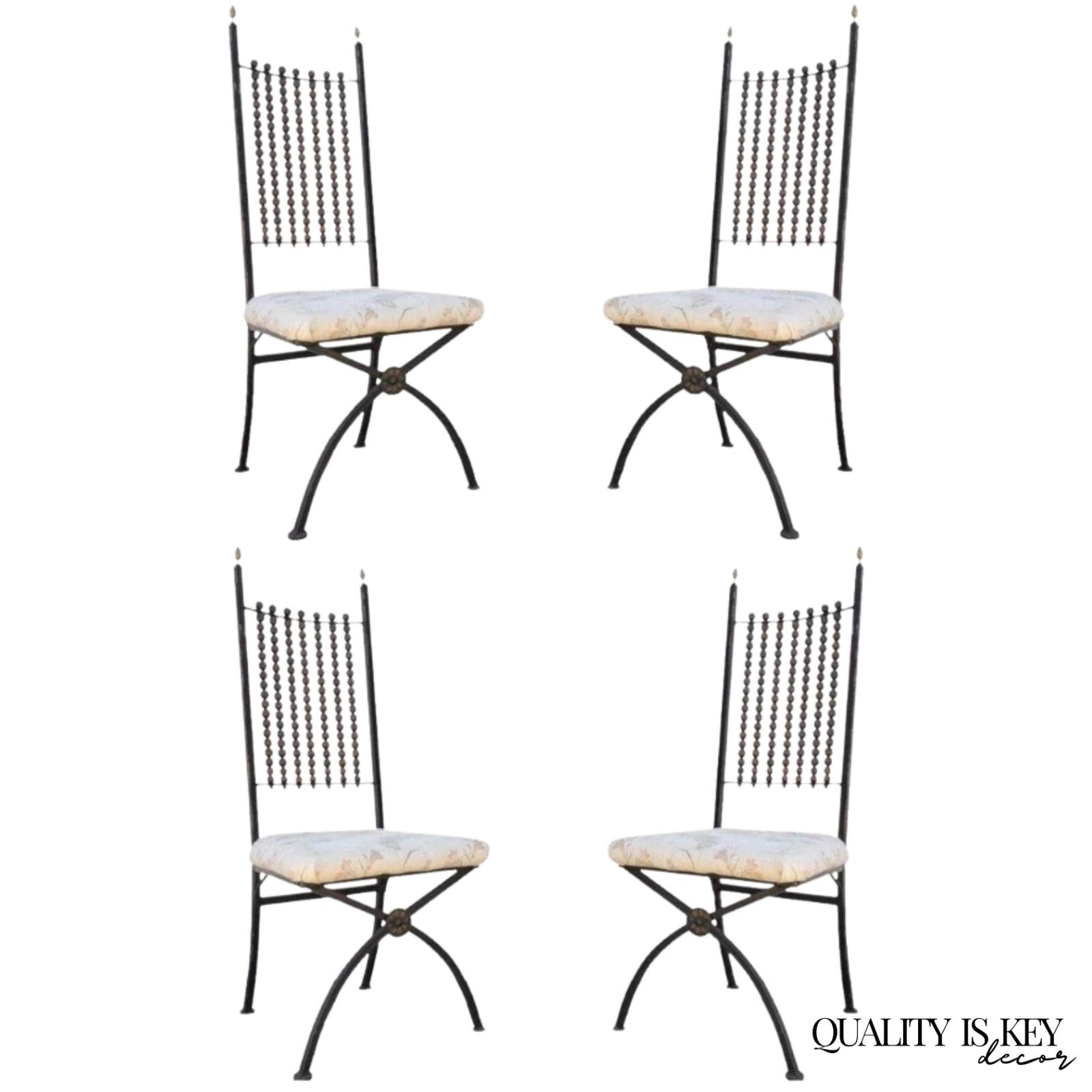 Hollywood Regency Wood Ball Abacus Wrought Iron Curule Dining Chairs - Set of 4