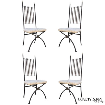 Hollywood Regency Wood Ball Abacus Wrought Iron Curule Dining Chairs - Set of 4