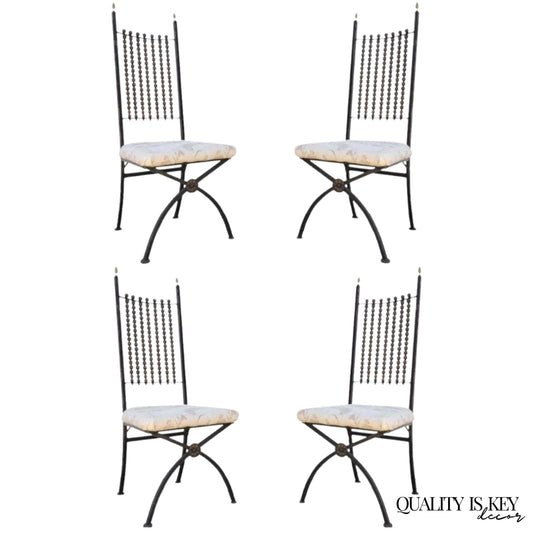 Hollywood Regency Wood Ball Abacus Wrought Iron Curule Dining Chairs - Set of 4