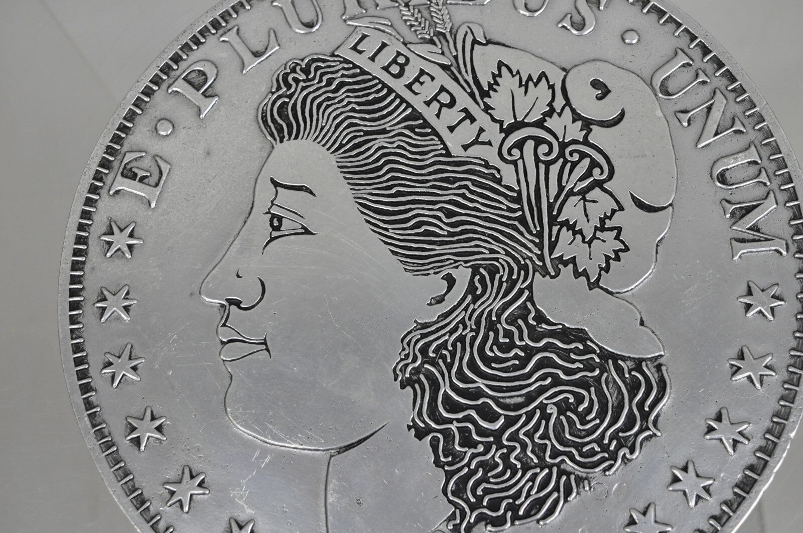 Vintage 1878 Morgan Silver Dollar 12" Pewter Trivet or Wall Hanging Plaque USA