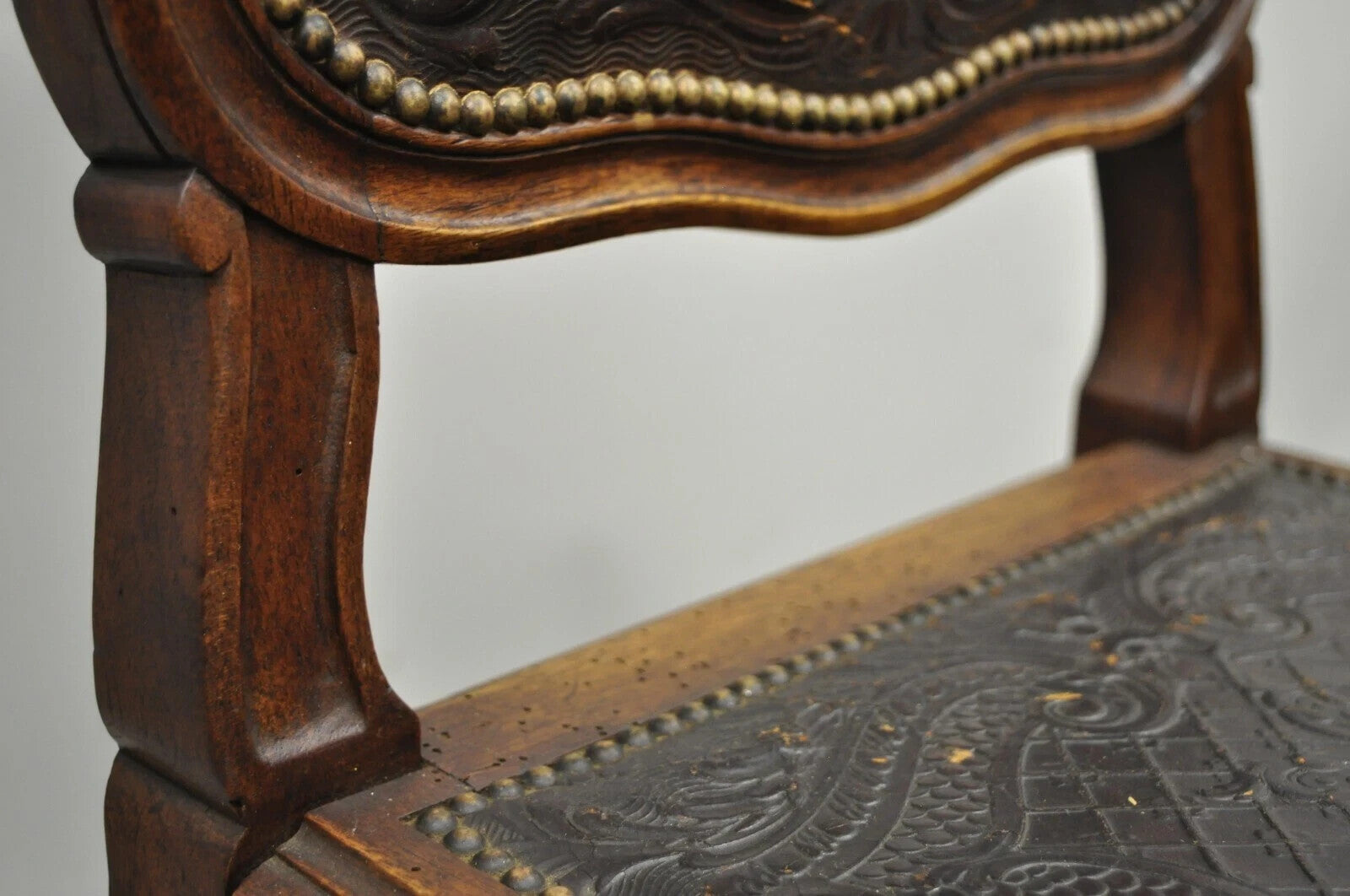 Antique French Louis XV Style Brown Embossed Leather Walnut Dining Side Chair A