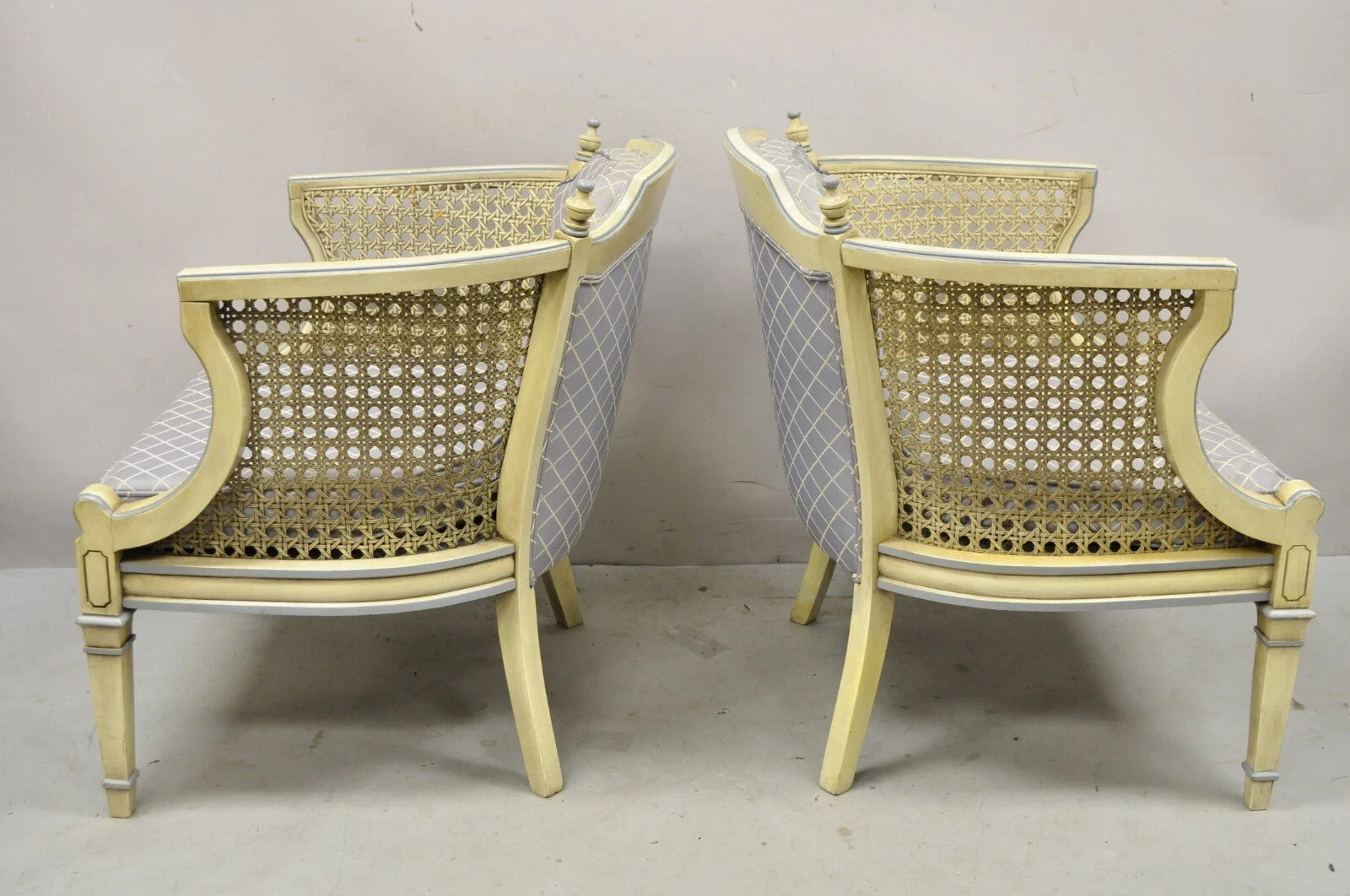 Vintage Hollywood Regency Cream Painted Cane Side Club Lounge Chairs - a Pair
