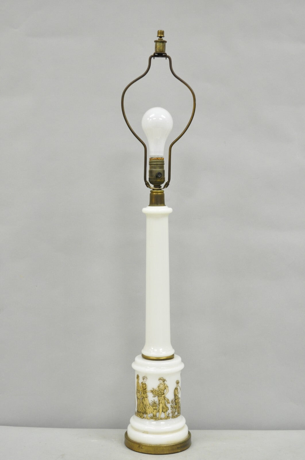Vintage Italian Neoclassical Style White Milk Glass Empire Column Table Lamp