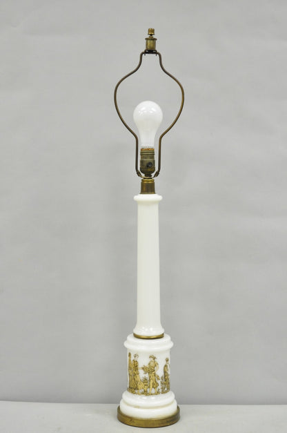 Vintage Italian Neoclassical Style White Milk Glass Empire Column Table Lamp