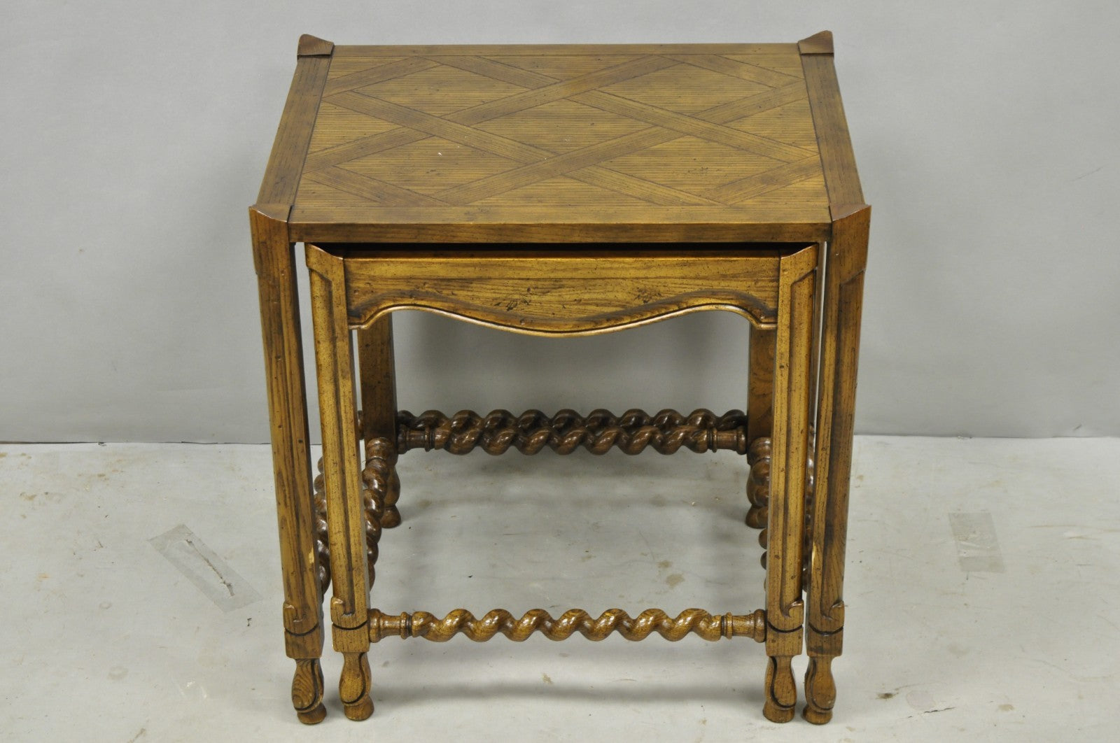 Vintage Baker Barley Twist Oak Parquetry Inlay Nesting Step Lamp Side Tables