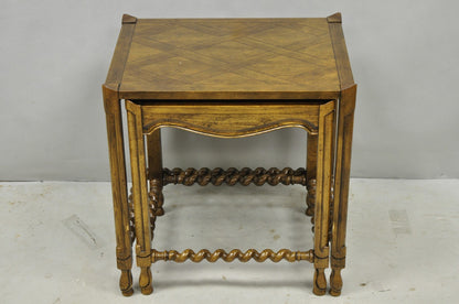 Vintage Baker Barley Twist Oak Parquetry Inlay Nesting Step Lamp Side Tables