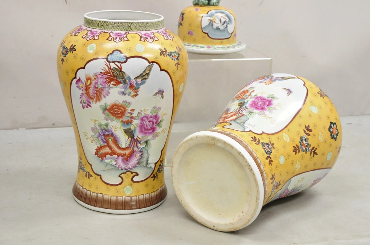 Vintage Chinese Porcelain Large Foo Dog Covered Temple Urns Ginger Jars - a Pair