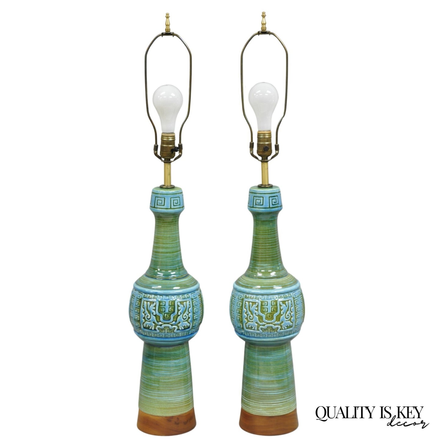 Vintage Royal Haeger Mid Century Modern Ceramic Turquoise Green Table Lamp Pair