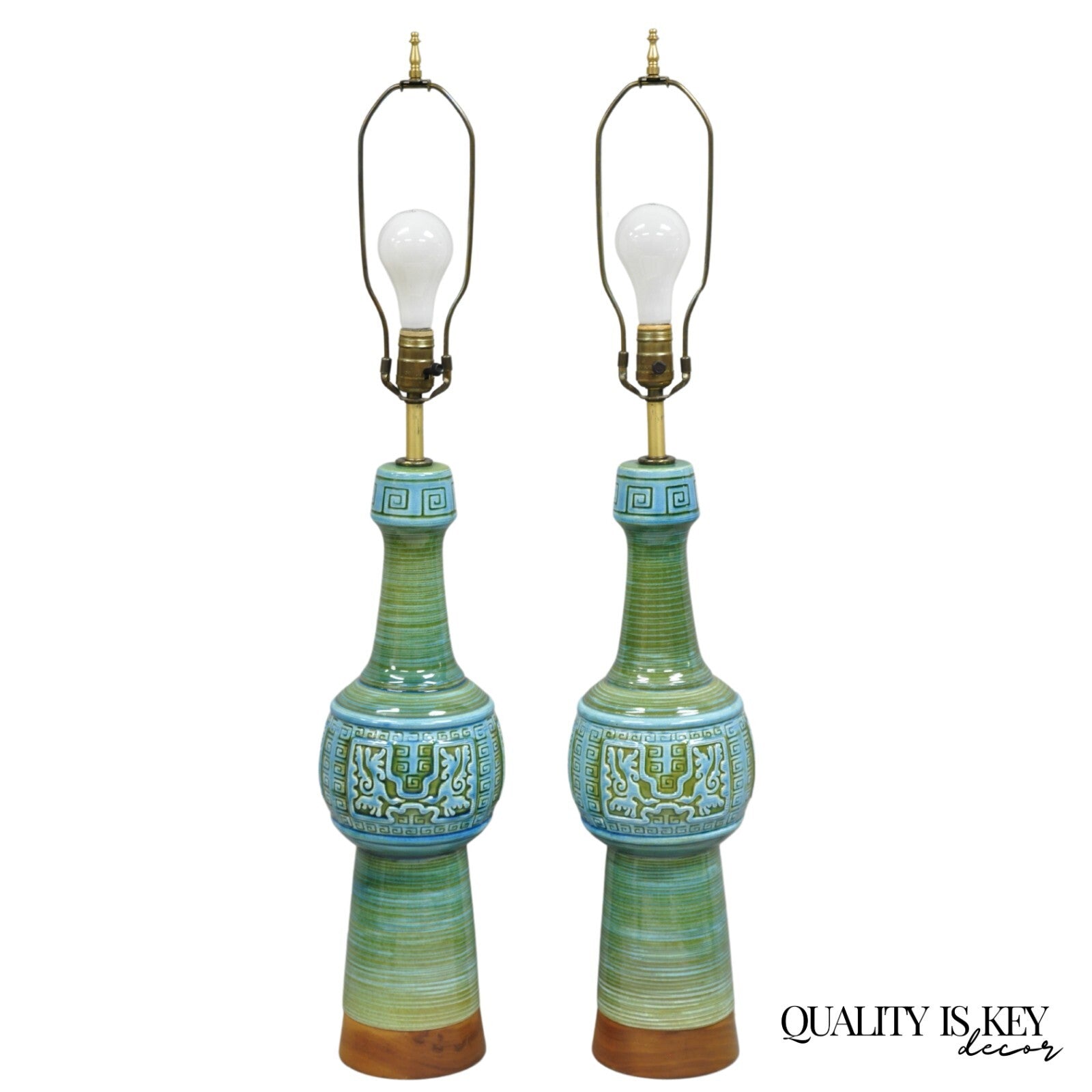 Vintage Royal Haeger Mid Century Modern Ceramic Turquoise Green Table Lamp Pair