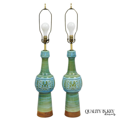 Vintage Royal Haeger Mid Century Modern Ceramic Turquoise Green Table Lamp Pair