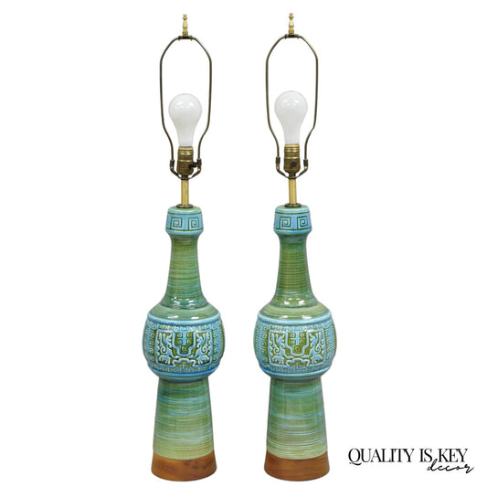 Vintage Royal Haeger Mid Century Modern Ceramic Turquoise Green Table Lamp Pair