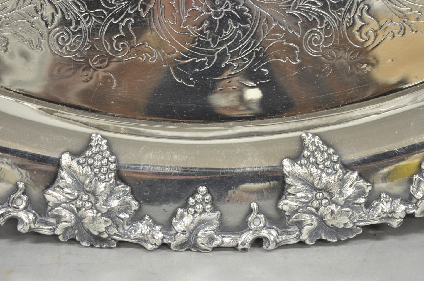 Antique English Victorian Silver Plated Grapevine Oval Bar Tray w/ Monogram