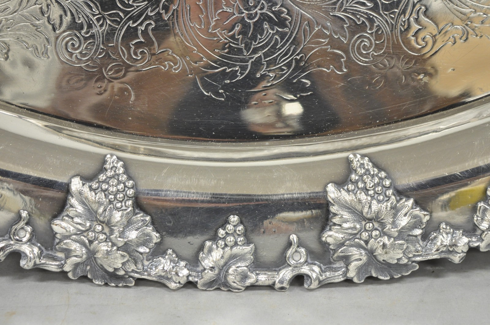 Antique English Victorian Silver Plated Grapevine Oval Bar Tray w/ Monogram