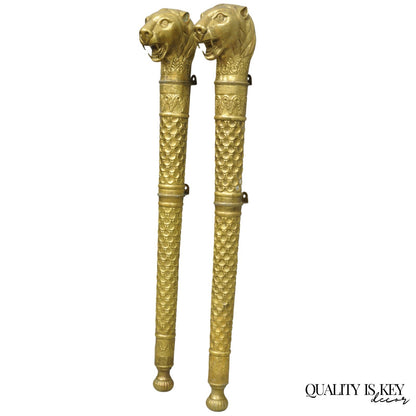 Vintage Italian Regency Neoclassical Large Brass Lion Sconce Door Handles Pair