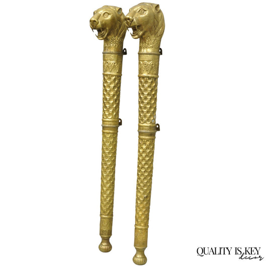Vintage Italian Regency Neoclassical Large Brass Lion Sconce Door Handles Pair