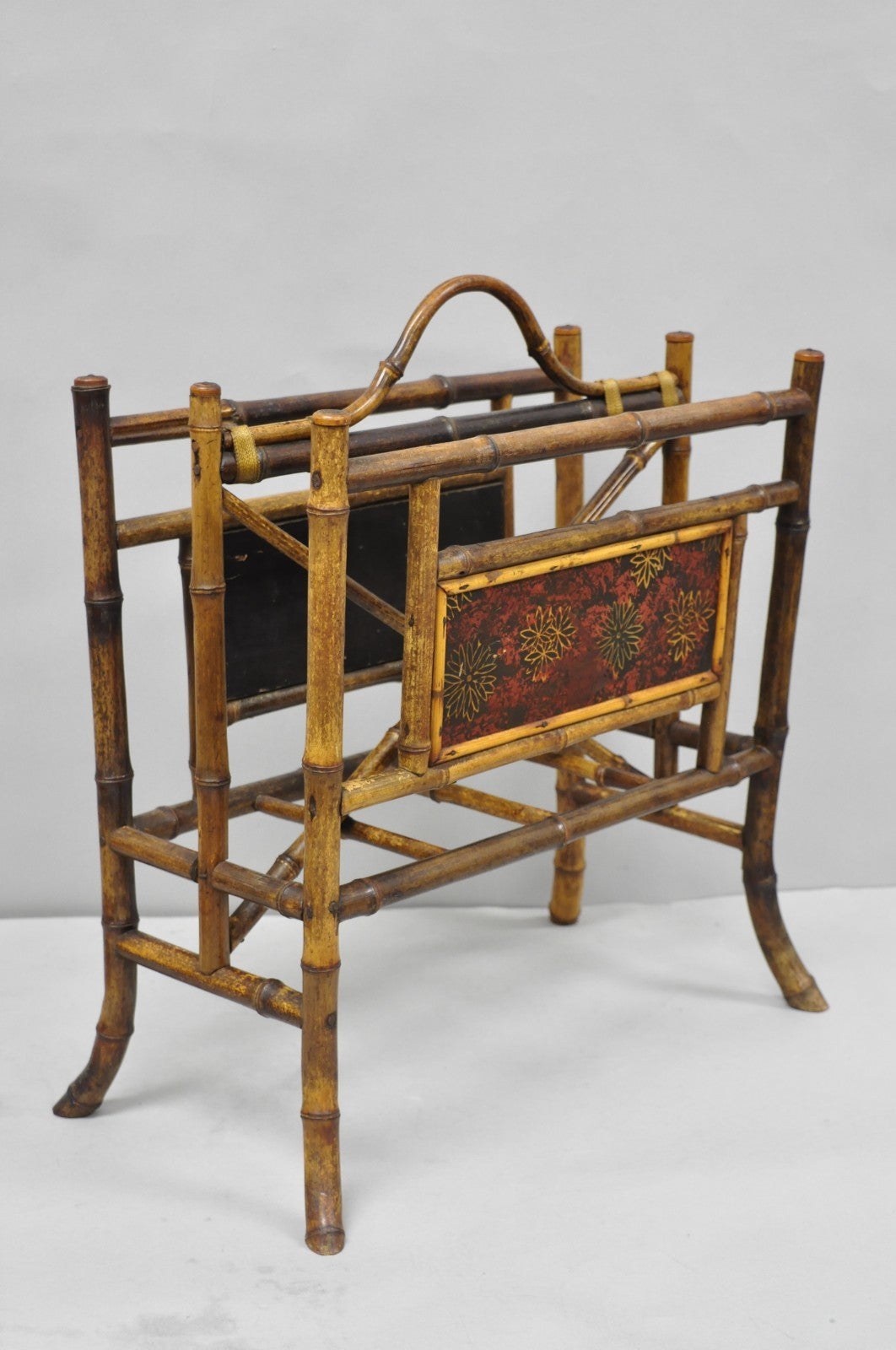Antique English Victorian Bamboo Fretwork Canterbury Magazine Rack Stand