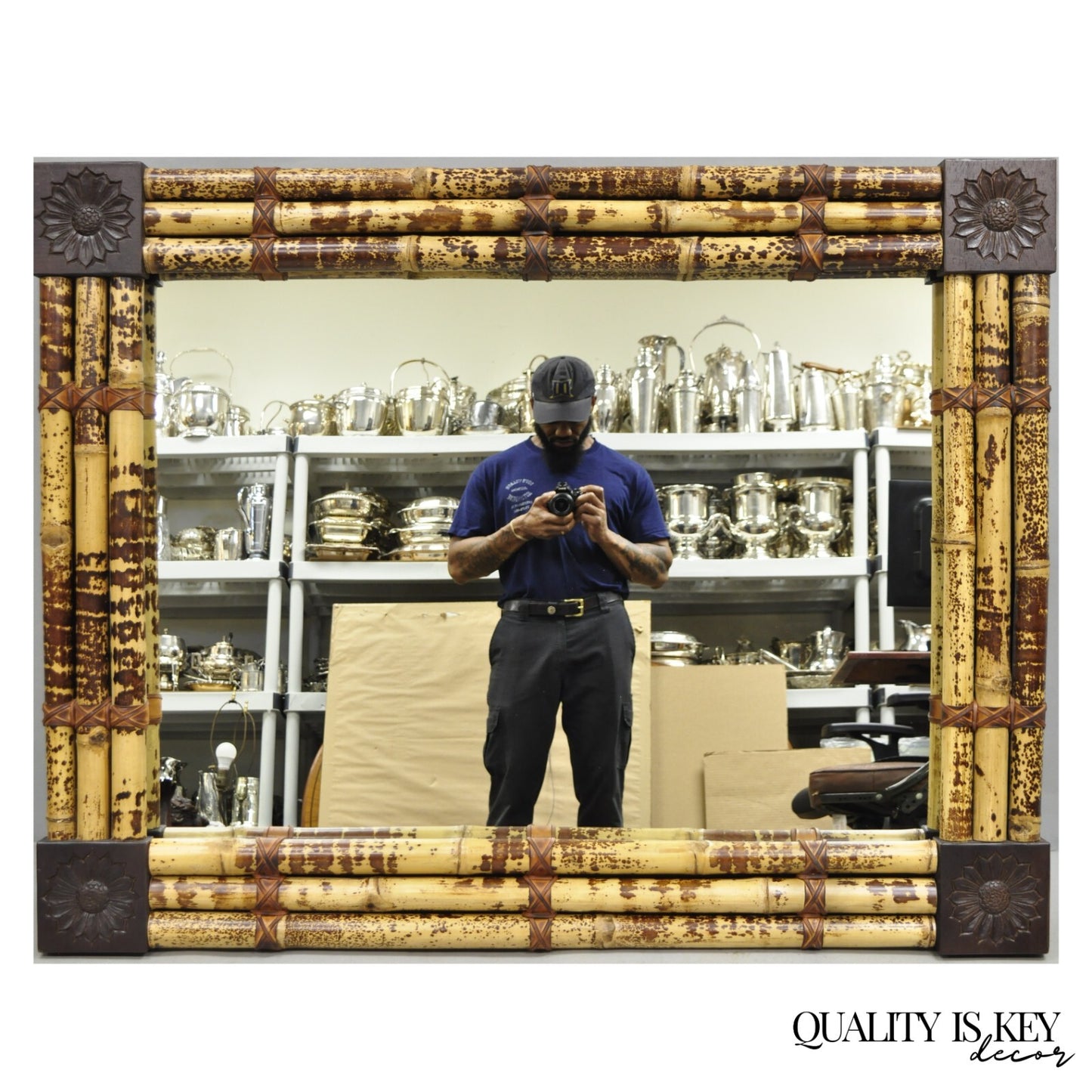 Hollywood Regency Large Bamboo Wood Frame Tropical 54" Rectangular Wall Mirror