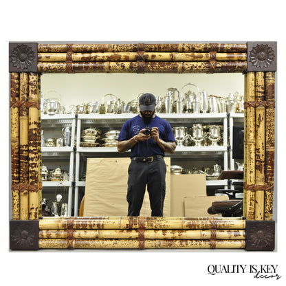 Hollywood Regency Large Bamboo Wood Frame Tropical 54" Rectangular Wall Mirror