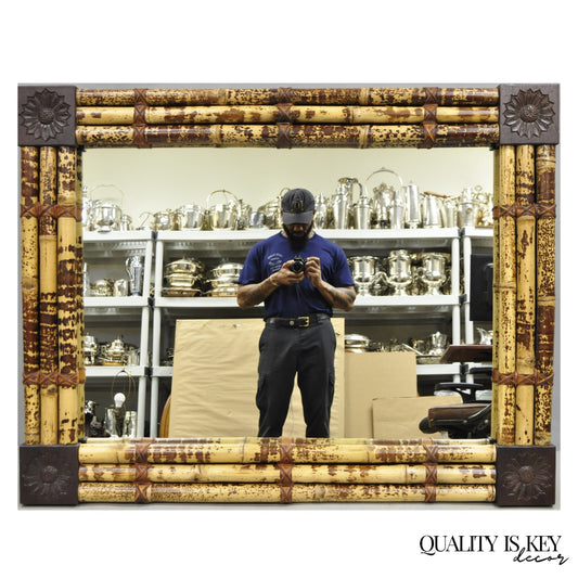 Hollywood Regency Large Bamboo Wood Frame Tropical 54" Rectangular Wall Mirror