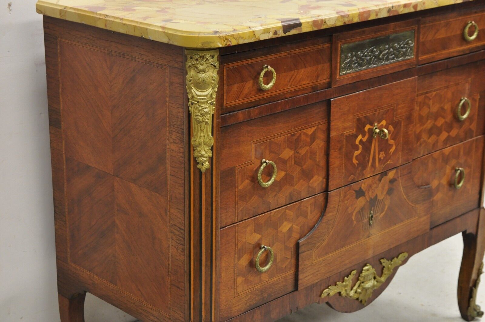 Antique French Louis XV Marquetry Inlay Marble Top Bronze Ormolu Commode Dresser
