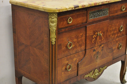 Antique French Louis XV Marquetry Inlay Marble Top Bronze Ormolu Commode Dresser
