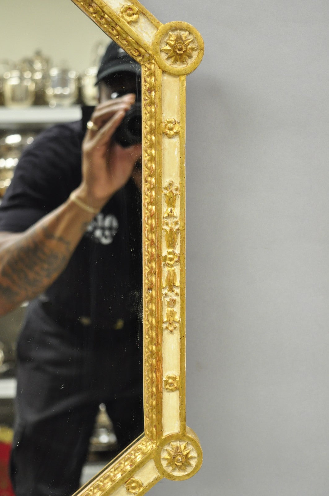 Vintage Italian Neoclassical Style Cream & Gold Gilt Carved Wood Wall Mirror