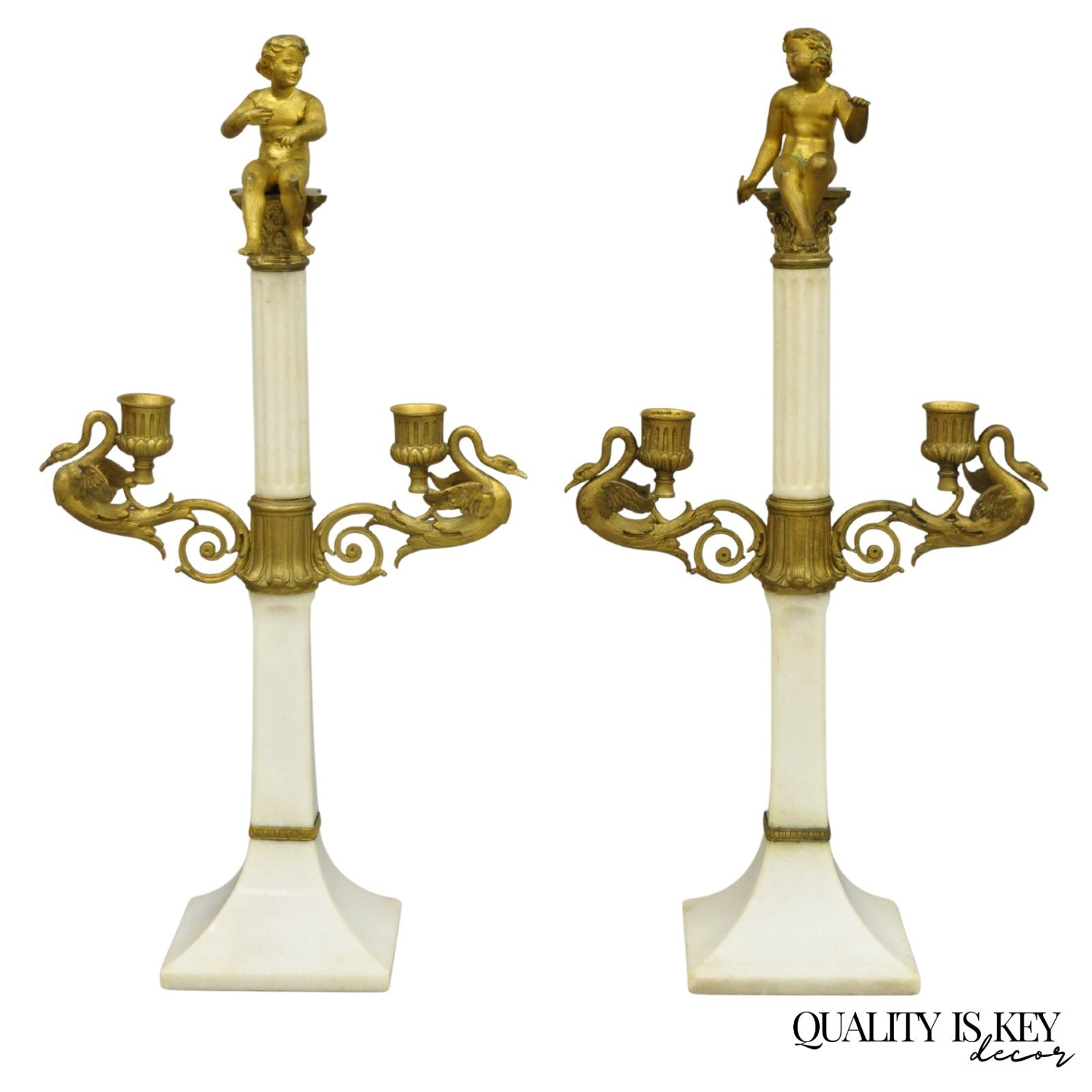 Antique French Neoclassical Bronze Swans Cherub Marble Column Candelabras - Pair