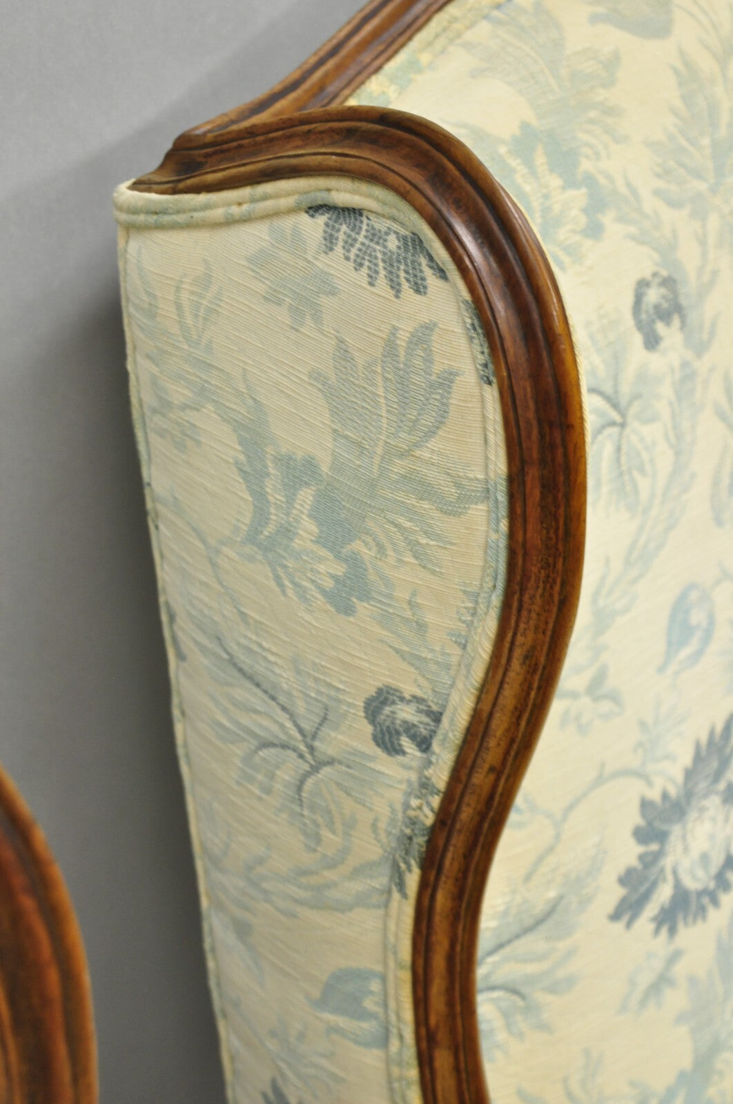 Antique French Country Provincial Carved Walnut Wingback Lounge Chairs Pair