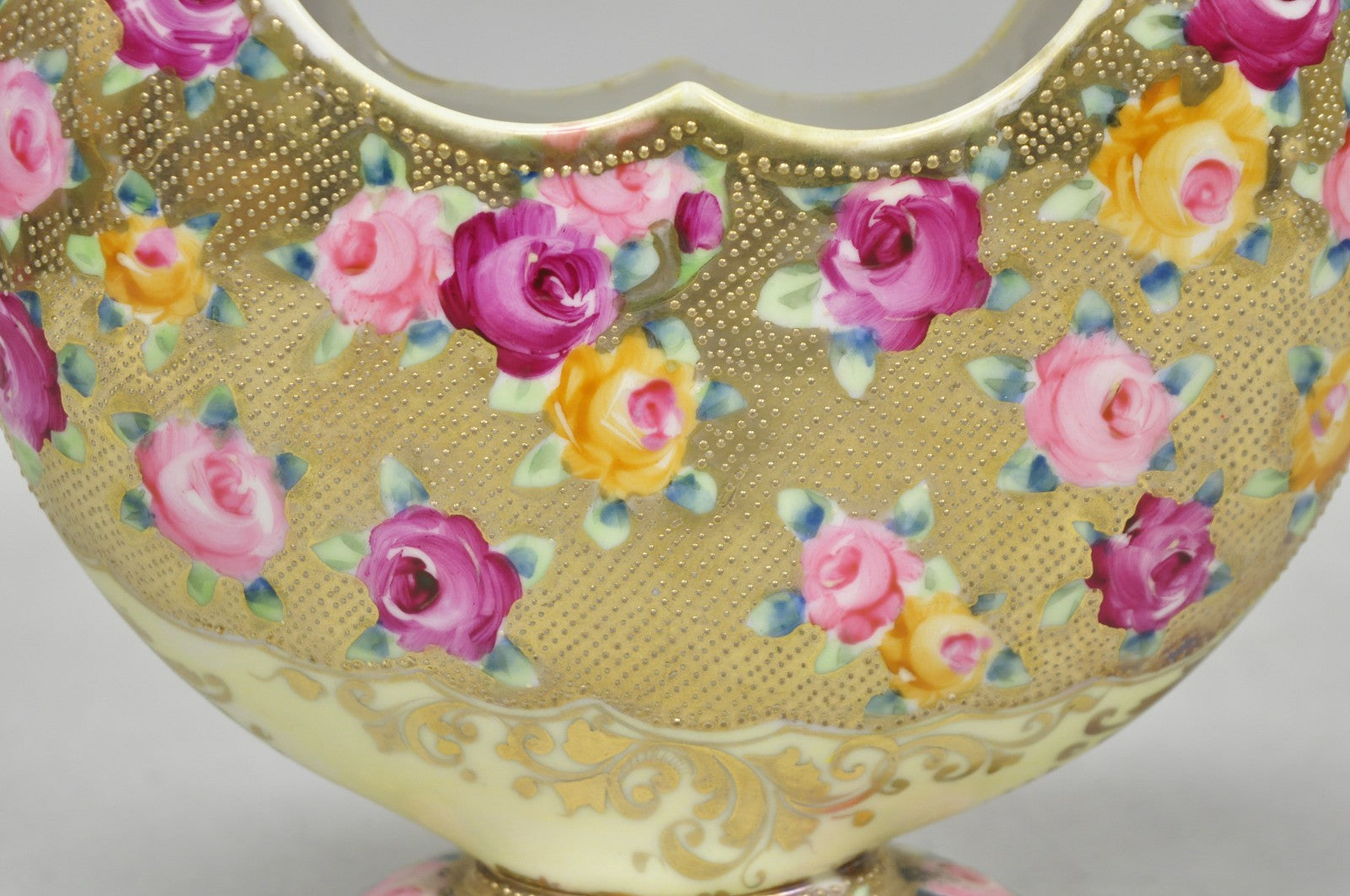 Antique Japanese Nippon Hand Painted Porcelain Gold Gilt Handle Moon Basket Vase