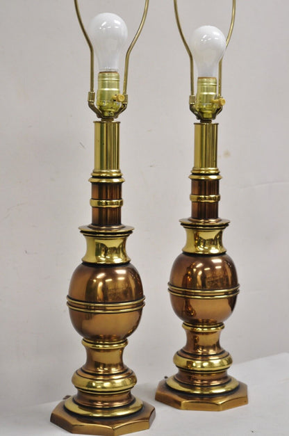 Vintage Hollywood Regency Brass & Copper Faux Bamboo Table Lamps - a Pair