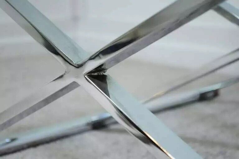 Maison Jansen Style Triple X-Frame Modern Chrome & Glass Square Coffee Table