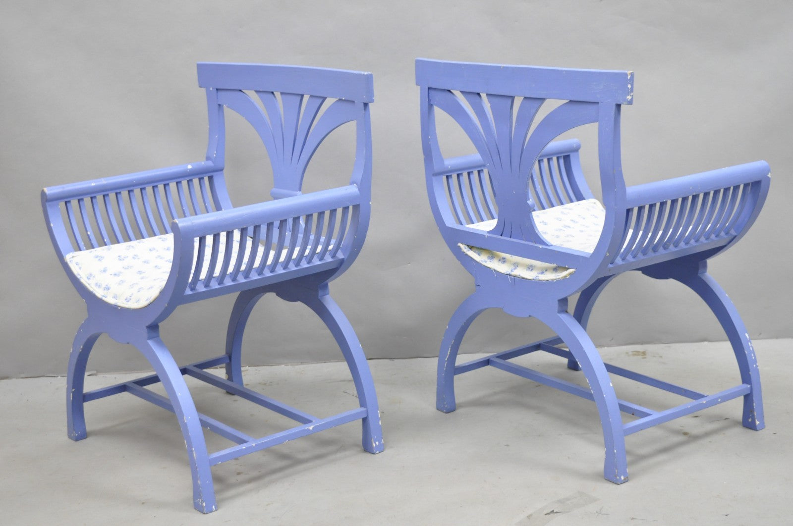 Vintage Hollywood Regency Italian Style Blue Curule X-Frame Arm Chair - a Pair