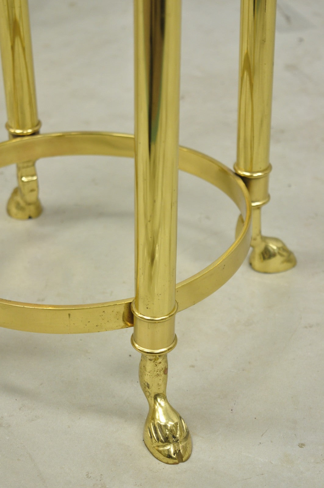 Vintage Hollywood Regency Brass Hoof Foot Glass Top Graduating Side Table - Pair