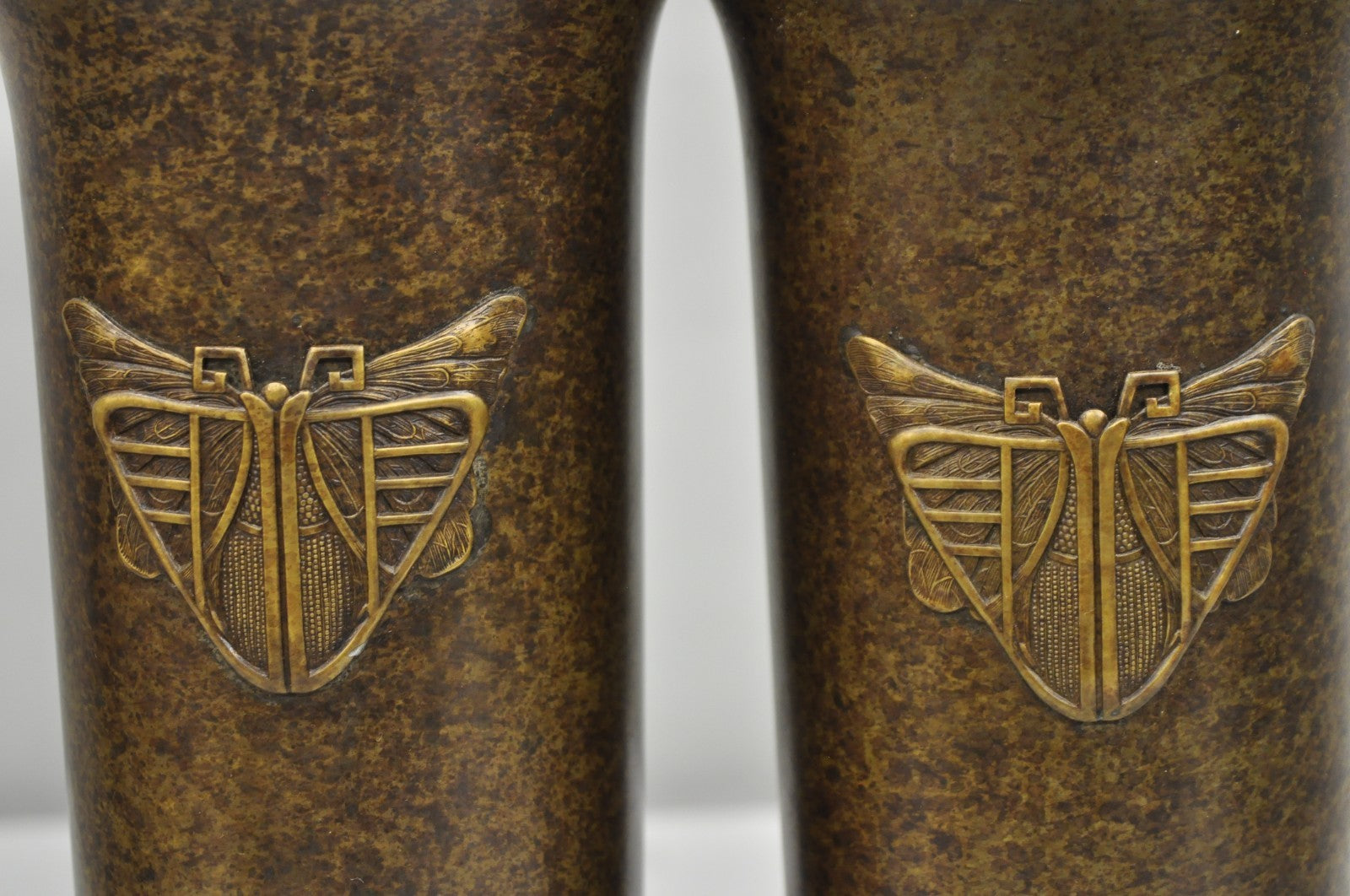 Antique French Art Deco Bronze Fluted Altar Vase w/ Butterfly Moth - a Pair