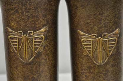 Antique French Art Deco Bronze Fluted Altar Vase w/ Butterfly Moth - a Pair
