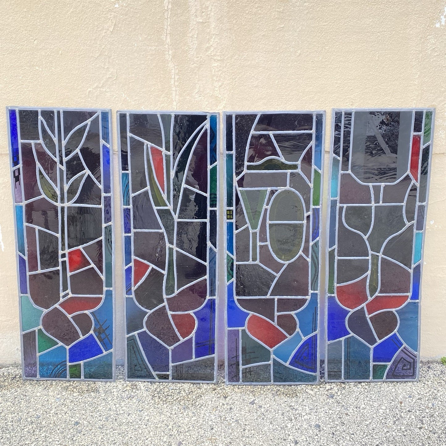 Vintage "Yo" & Door Art Deco Blue & Red Leaded Stained Glass Window 43x15 - 4 Pc
