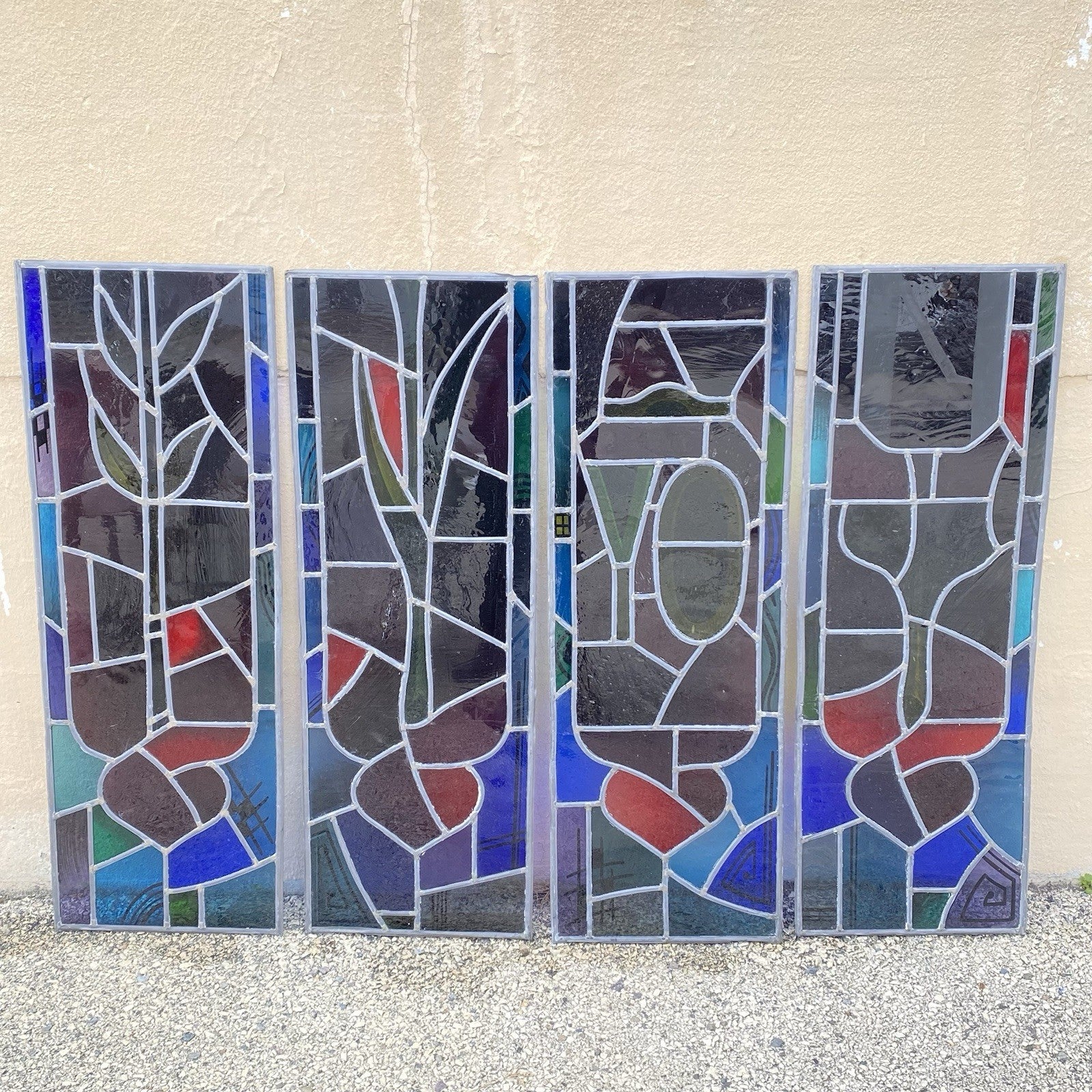 Vintage "Yo" & Door Art Deco Blue & Red Leaded Stained Glass Window 43x15 - 4 Pc