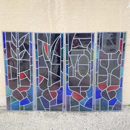 Vintage "Yo" & Door Art Deco Blue & Red Leaded Stained Glass Window 43x15 - 4 Pc