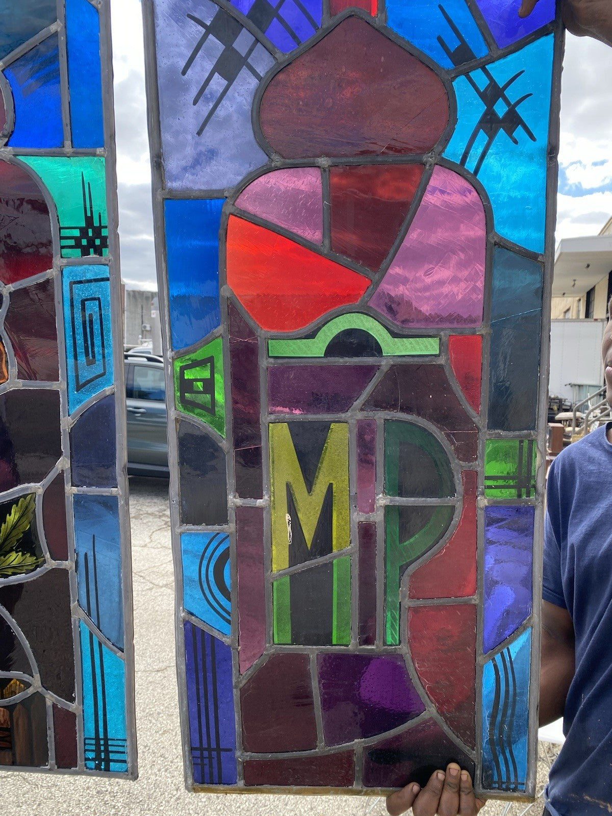 Vintage Art Deco Blue & Red Leaded Stained Glass Church Window w/ Cross - 6 Pcs