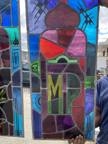 Vintage Art Deco Blue & Red Leaded Stained Glass Church Window w/ Cross - 6 Pcs