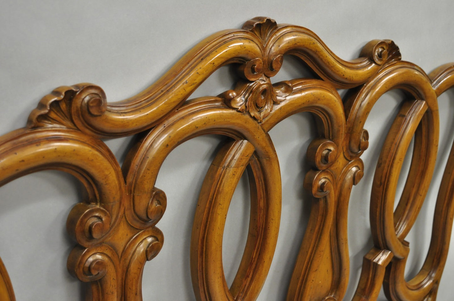 French Country Provincial Carved Fruitwood Walnut Scrolling Queen Bed Headboard