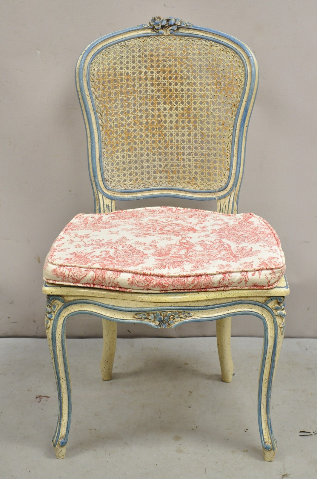 Vintage French Provincial Louis XV Cream & Blue Ladies Writing Desk Chair Set