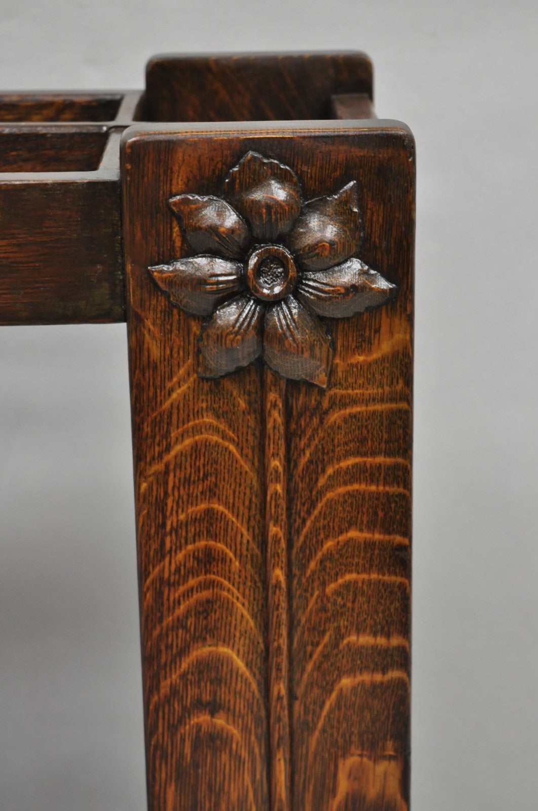 Antique Arts & Crafts Oak Wood Relief Carved Flower Umbrella Stand by MI Chair