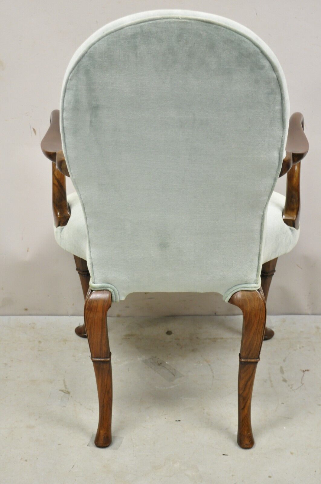 Vintage English Queen Anne Style Mahogany & Walnut Gooseneck Blue Arm Chair